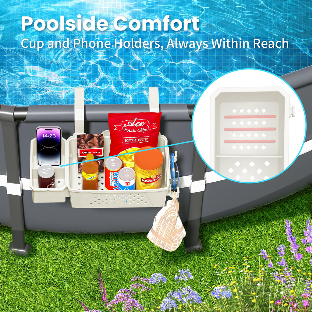 AquaJoyer 2 Sets of Poolside Storage Baskets with Cup Holders - Perfect for 3-Inch or Smaller Top Rails - Above Ground Pool Accessories - Fit for Most Above Ground Pool（Beige）