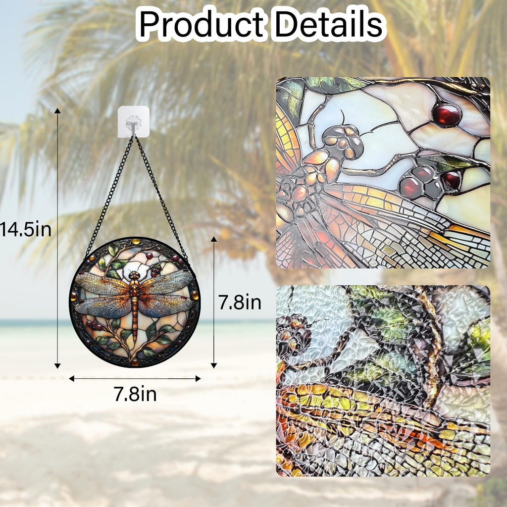 DASTOLL Stained Glass Window Hanging - Dragonfly Plant Suncatcher Ready to Hang Window Doors Home Decoration, Christmas, Mother's Day Birthday Gifts for Women, Men, and Mom 7.8x7.8 in