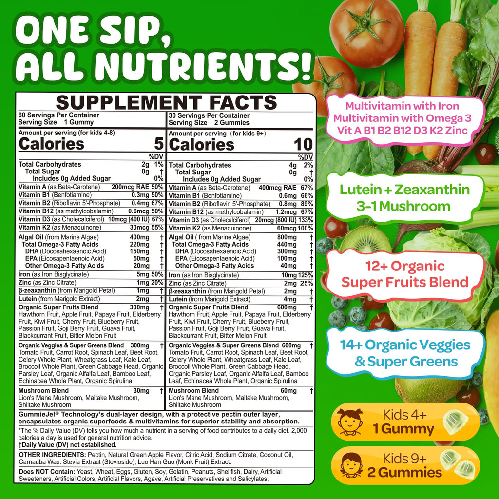 NEVISS Kids 4+ & Teens Super Greens 40-in-1 Gummies w/Multivitamin, Omega3 Iron, D3K2, Picky Eater Organic Super Fruits Veggies Superfood Gummy, Mushroom, Lutein | Immune Bone Brain Energy, Sugar Free