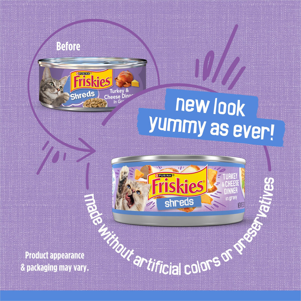 Purina Friskies Wet Cat Food, Shreds Turkey & Cheese, (24) 5.5 oz Cans