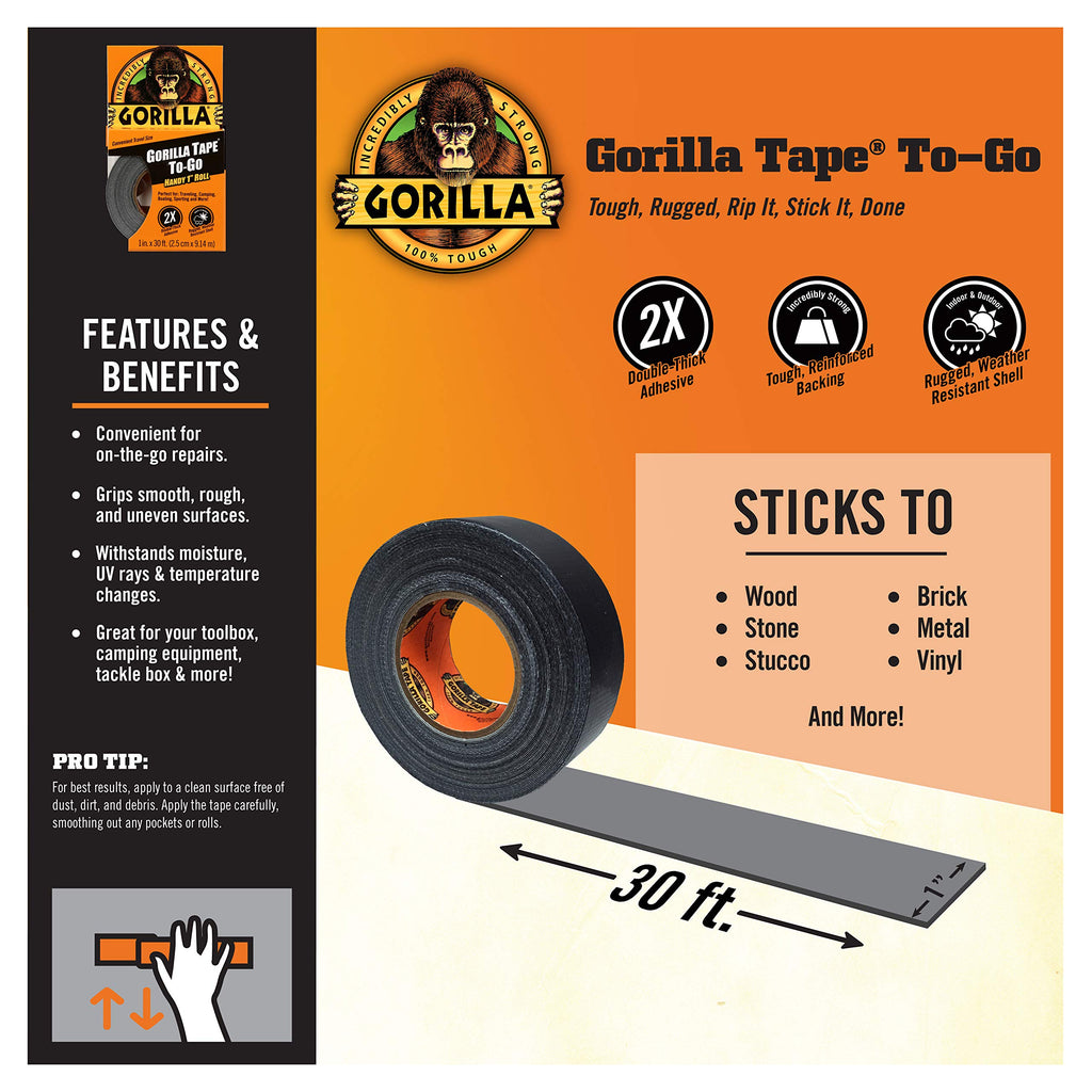 Gorilla Tape, Mini Duct Tape To-Go, 1" x 10 yd Travel Size, Black, (Pack of 1)