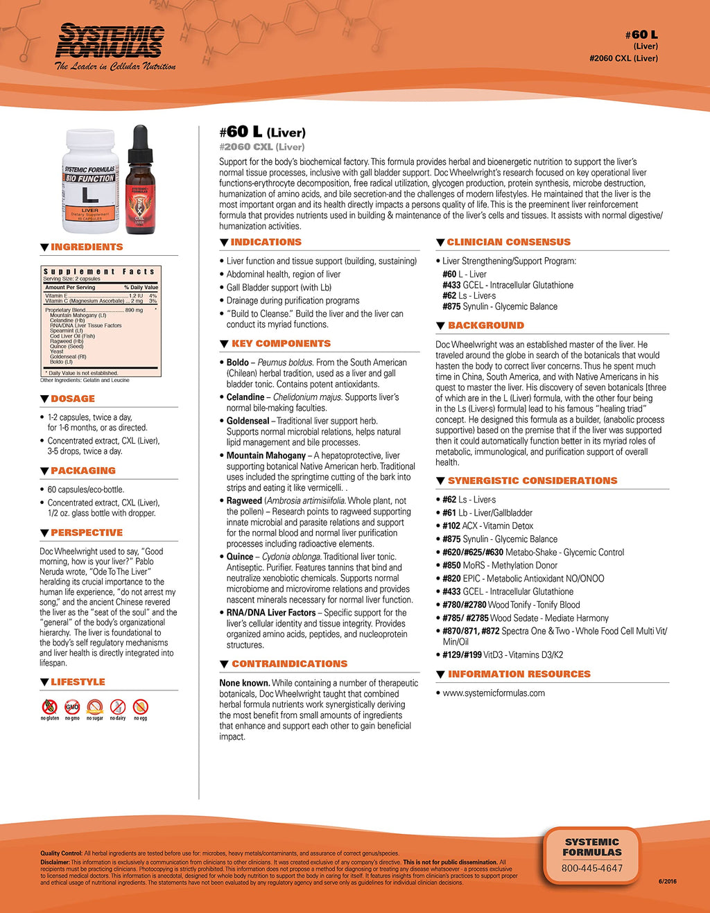 Systemic Formulas L - Liver 60 Capsules Bio Function #60. Liver Support, Gall Bladder Support.