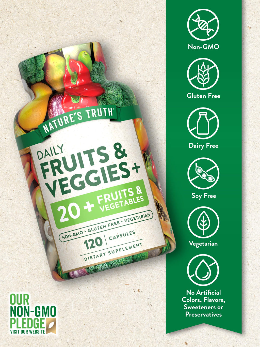 Nature's Truth Fruit and Veggies Supplement | 120 Vegetarian Capsules | 20+ Fruits & Vegetables | Vegetarian, Non-GMO, and Gluten Free Supplement