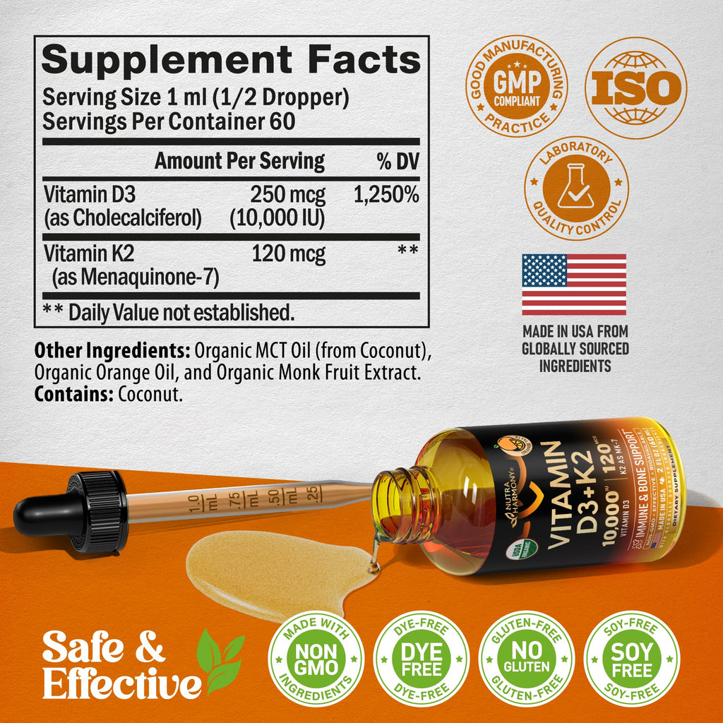 Vitamin D3 K2 USDA Organic Drops - Vitamin D3 10000 IU & K2 as MK-7 120mcg - Immune & Mood Support, Bone & Teeth Health - Sugar-Free Orange Flavor - Liquid Supplement - Made in USA - 2 FL OZ, 60 Days