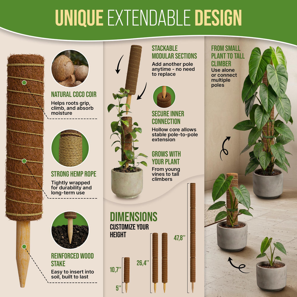 Organo Republic Moss Pole Monstera Plant Support Stakes - 2x26.4 or 48.7" Unique Self-Watering, Extendable Coco Coir Pole for Climbing Plant Supports for Potted Plants Indoor, Totem Pole for Pothos
