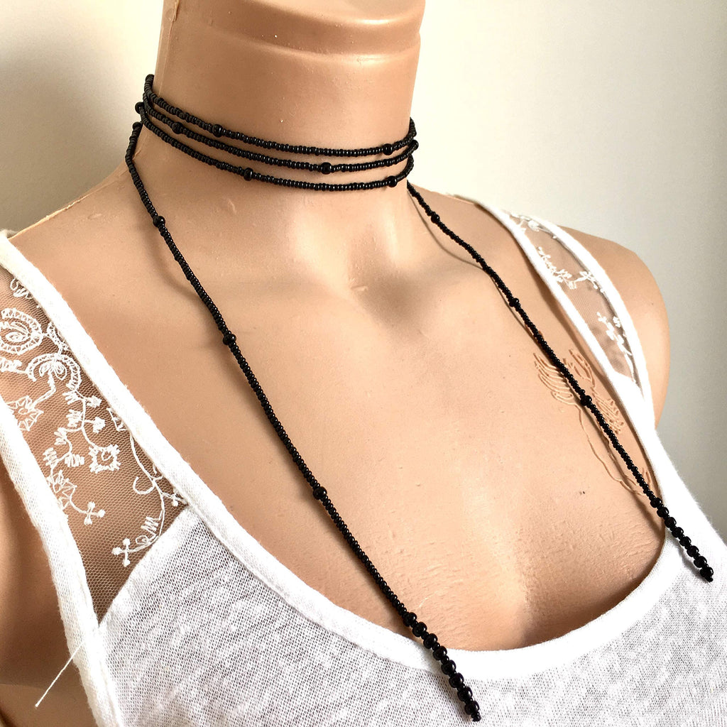 Wrapped Necklace, Black Seed Bead Jewelry, Long Layered Necklace, Tie chokier, Boho Wrapped Choker, Lariat Necklace, Christmas Gift Women