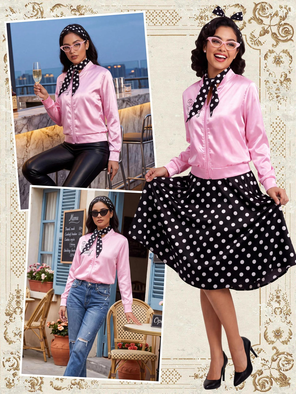 SOMSOC 1950s Pink Satin Jacket with Neck Scarf Headband Earrings Cat Eye Glasses Halloween Cosplay Costume Set for Women Girl