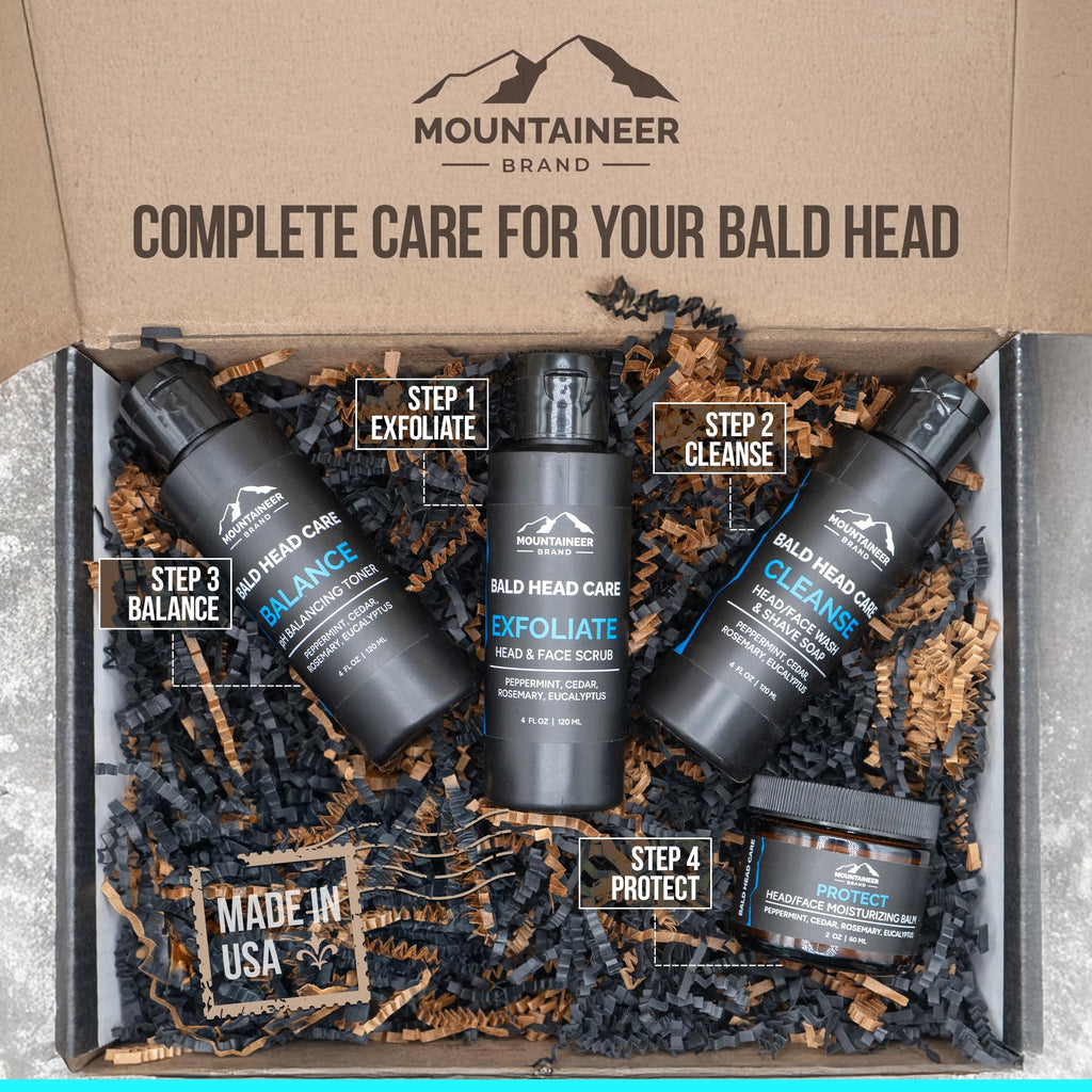Mountaineer Brand Bald Head Care Gifts For Bald Men | All Natural 4 Step Daily Skin Care for Healthy Scalp & Face | Exfoliate Scrub | Cleanse Wash | Shine Away PH Balance | Protect Moisturizing Balm