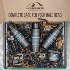 Mountaineer Brand Bald Head Care Gifts For Bald Men | All Natural 4 Step Daily Skin Care for Healthy Scalp & Face | Exfoliate Scrub | Cleanse Wash | Shine Away PH Balance | Protect Moisturizing Balm
