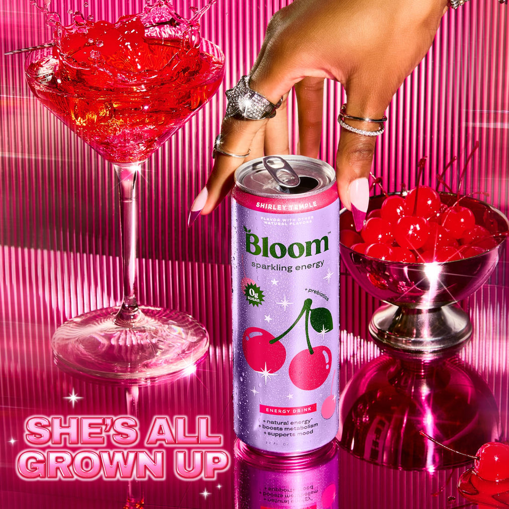 Bloom Nutrition Zero Sugar Energy Drink, Shirley Temple, 12oz 12pk