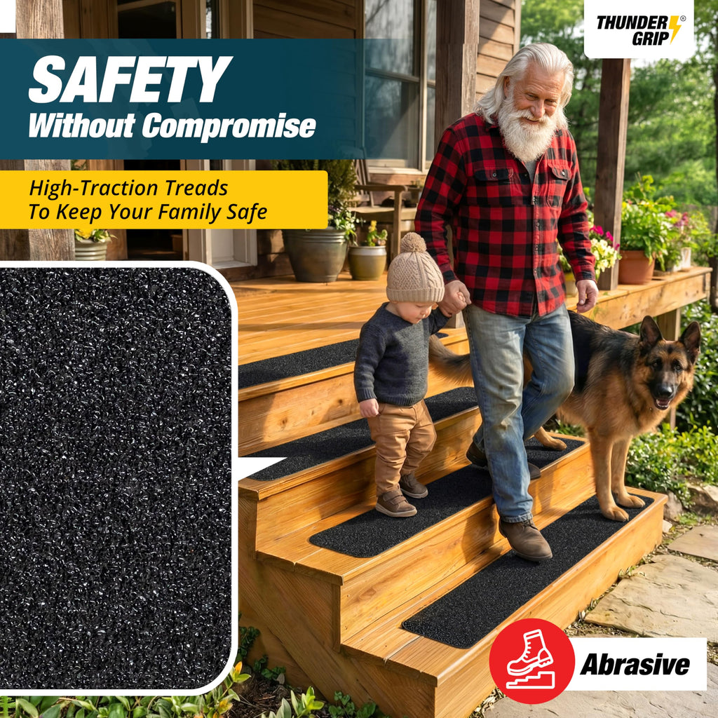 THUNDER GRIP Outdoor Stair Treads - Non Slip 30" x 6" - 12-Pack Weather Resistant Exterior Grip Tape - Anti Skid Strips - Waterproof 80-Grit Adhesive Treads