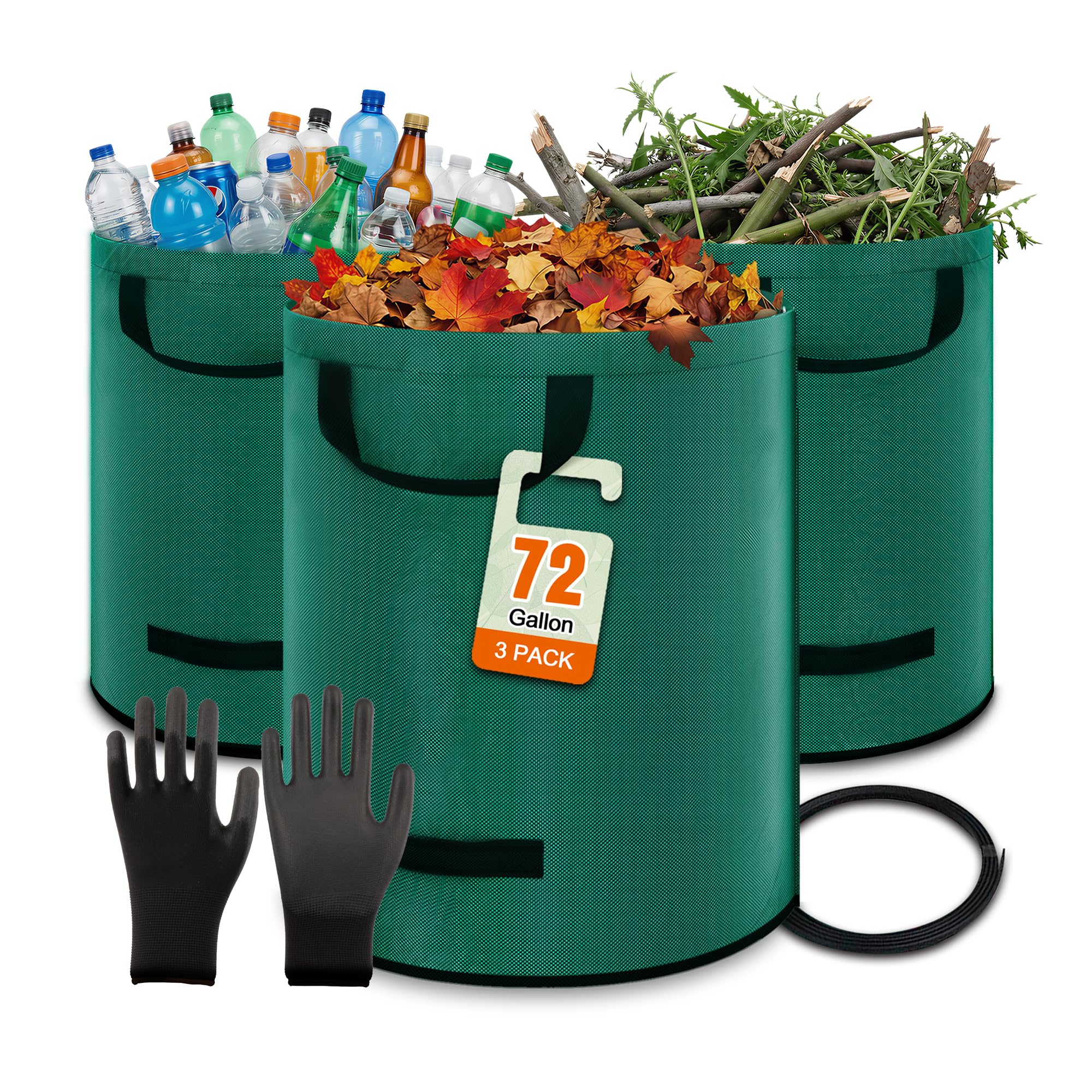 Kendo 72 Gallon Reusable Yard Bags, Heavy Duty 3 PCS Garden Leaf Bags with 4 Reinforced Handles for Fall Leaf Cleanup Grass Clippings Camping Trash