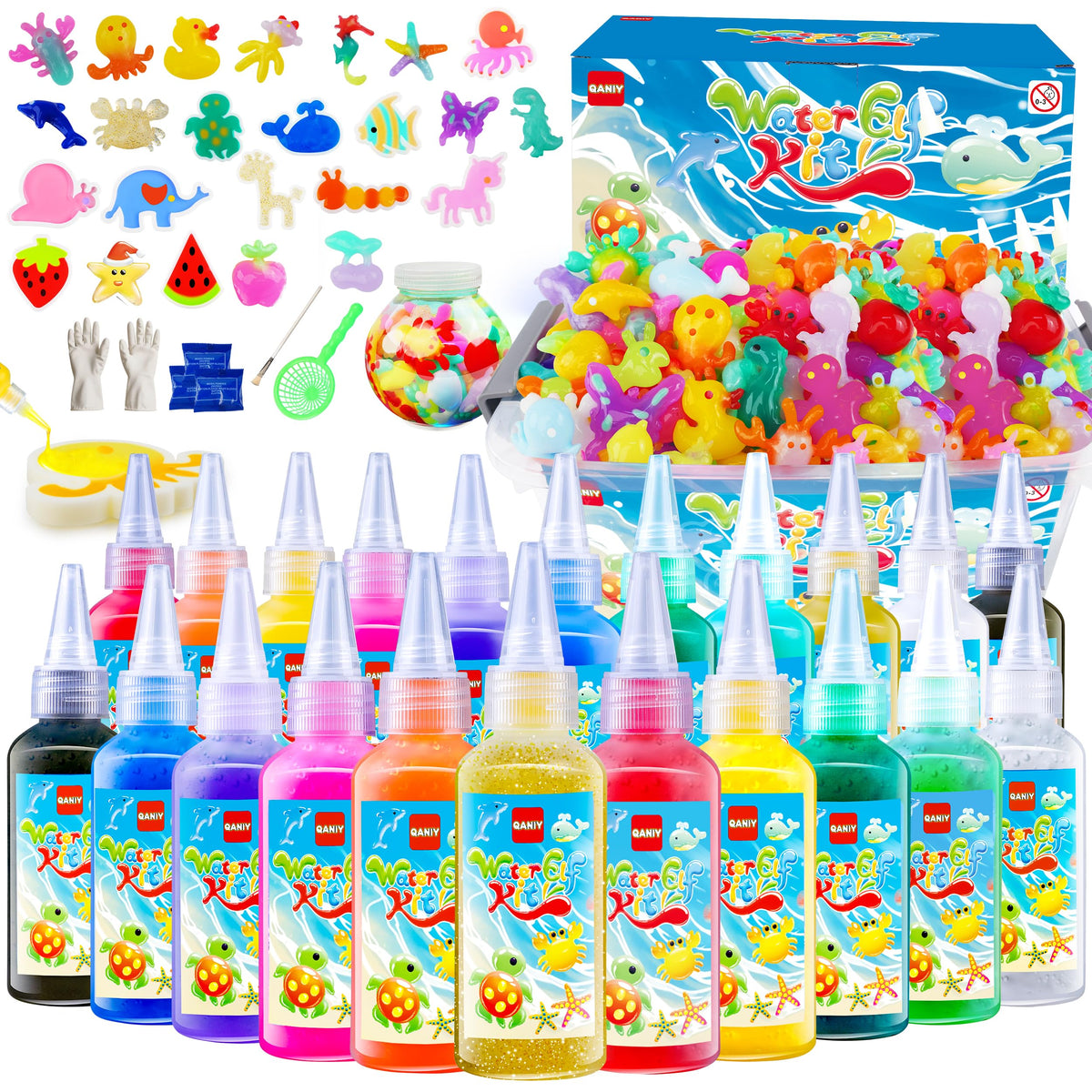 QANIY Magic Water Elf Toy Kit for Kids with 20 Gels and 24 Molds, Aqua Fairy,Fun DIY Craft Kit, Squishy Maker, Magic Water Art Kit Favors, Kids Christmas Gifts Crafts Ages 4-8