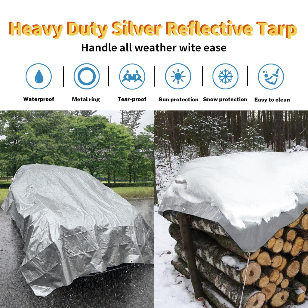 TARPAL 9x12 tarp,Heavy Duty Tarp 14mil Silver Reflective Tarps Waterproof with Grommets and Reinforced Edges UV Protection,Tear Resistant for Firewood,RV,Boat,Roof,Car,Camping