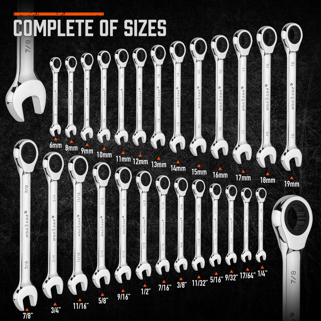 HORUSDY 26-Piece Ratcheting Wrench Set | Metric and SAE | Ratchet Combination Wrenches Set with Organizer | 72-Tooth | Chrome Vanadium Steel | 6-19 mm & 1/4” to 3/4“ (13-Piece Metric&SAE)
