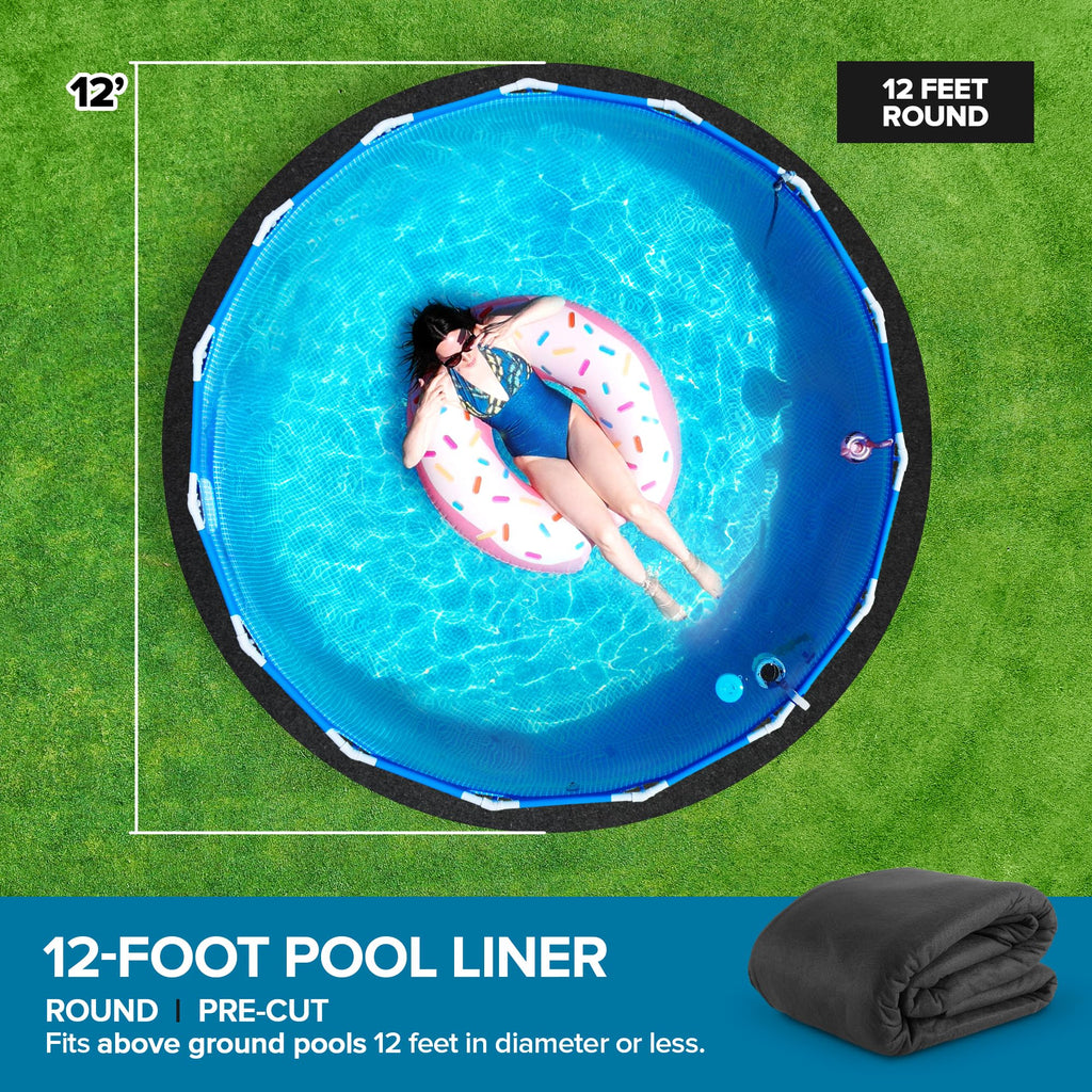Above Ground Pool Liner Pad, 12' Foot Round, Pre-Cut Heavy Duty Outdoor Pool Pads for Above Ground Pools, Black Swimming Pool Liners for Padding and Protection, Thick Pool Mats to Prevent Punctures
