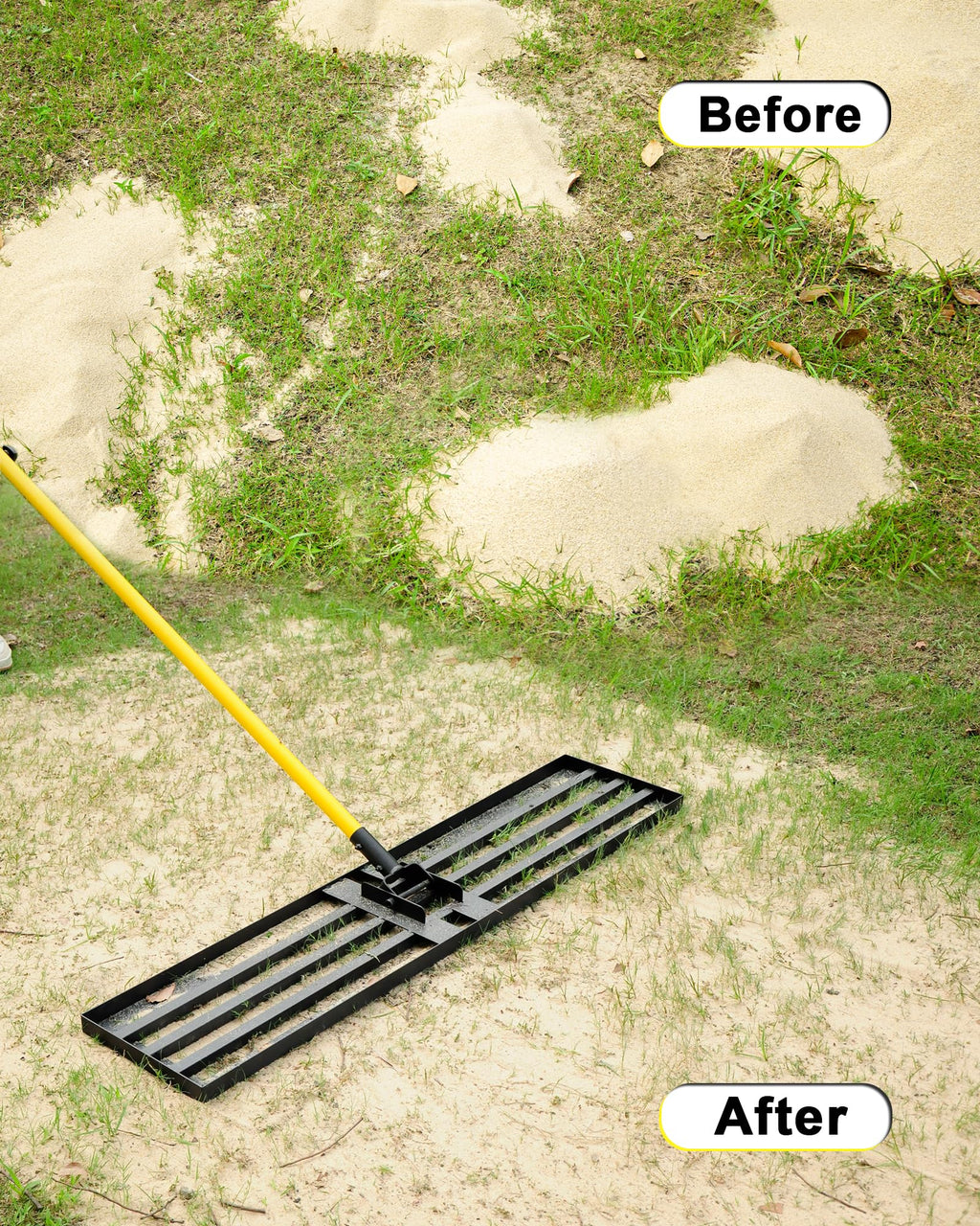 BlumeTrec Lawn Leveling Rake, 30"x10" Heavy Duty Sand Leveling Tool with 7FT Long Handle, Steel Golf Rake for Soil, Compost, Gravel, Lawn Leveler for Yard, Garden, Golf Course, Landscaping Level Tool