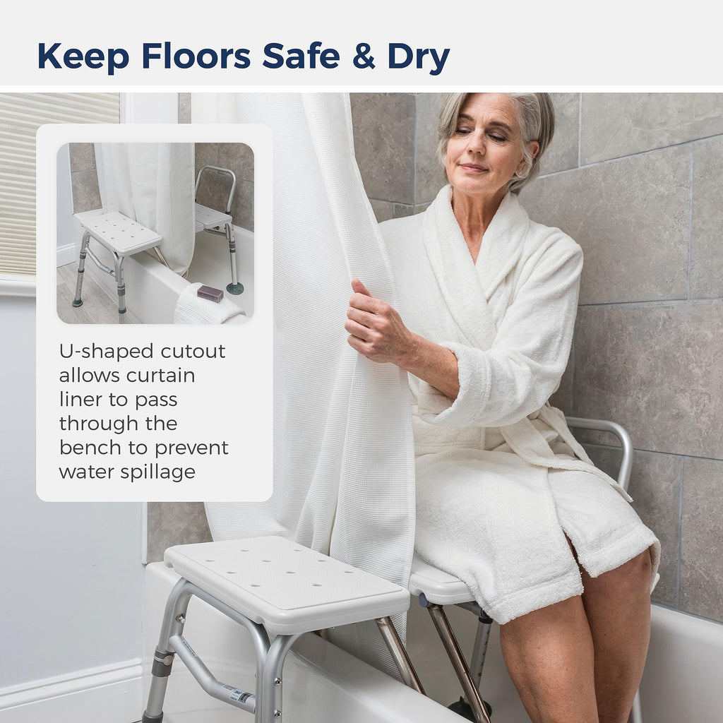 Drive Medical Splash Defense Tub Transfer Bench for Bathtub - U-Shaped Shower Curtain Guard - Adjustable Height - Reversible Design - 400 Lb Capacity - Safe Bathing Aid - White