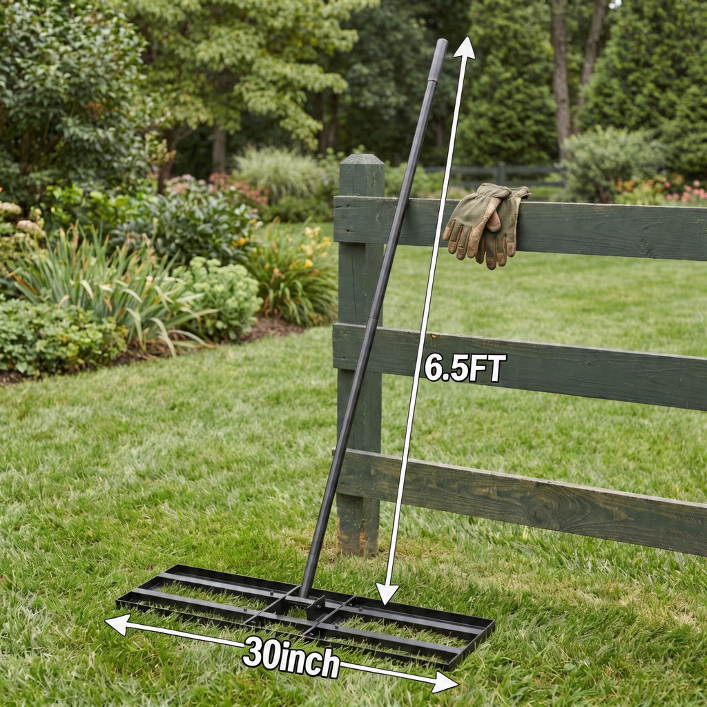 Lawn Leveling Rake - 30x10 Leveling Rake for Soil, Heavy Duty Yard Leveling Rake with 6.5FT Extra Long Handle, 2mm Thickened Stainless Steel Lawn Leveler, Landscape Tool for Dirt and Sand, with Gloves