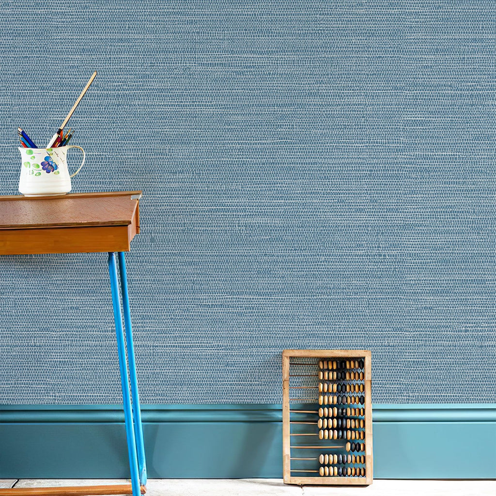 JiffDiff Grasscloth Wallpaper Peel and Stick 1181" x 17.3" Blue Cream Grassweave Stick on Wallpaper Textured Self Adhesive Wall Paper Contact Paper