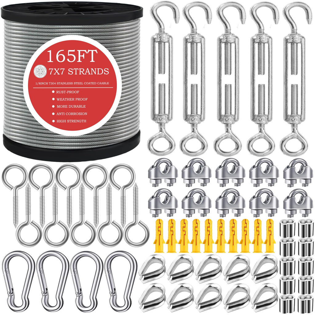 GZFTMKOBNS 165FT Steel Cable Kit | M5 Turnbuckle & 1/8" Stainless Steel Wire Rope