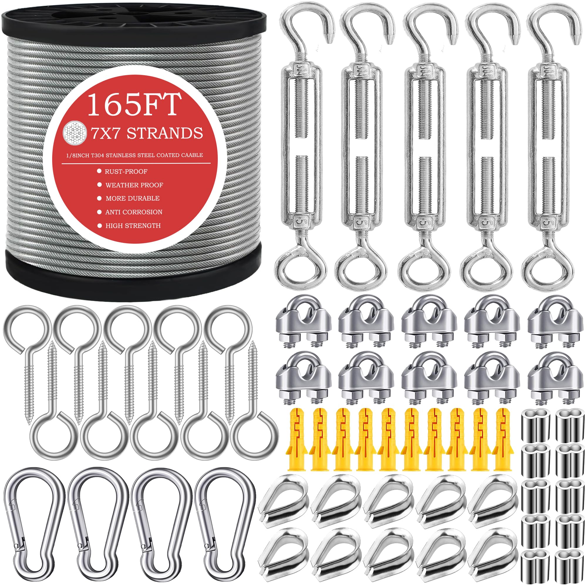 GZFTMKOBNS 165FT Steel Cable Kit | M5 Turnbuckle & 1/8" Stainless Steel Wire Rope