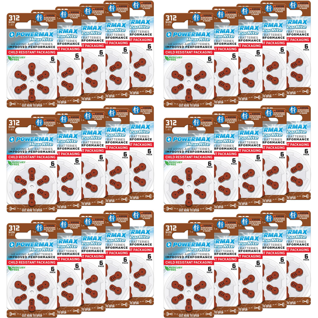 Powermax Size 312 Hearing Aid Batteries, 180 Count Long-Lasting Battery Pack, Brown Long Tab for Easy Change