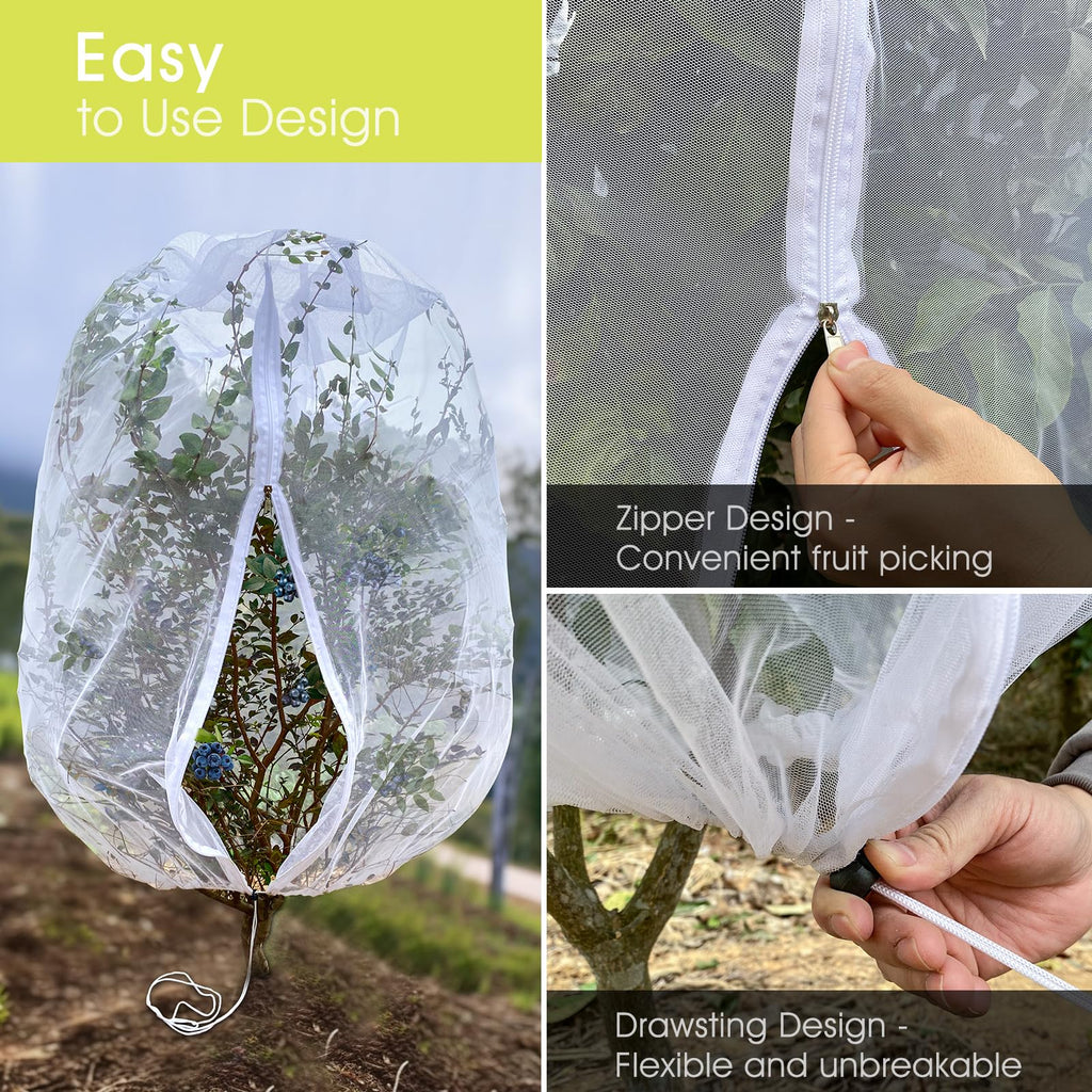 Fruit Tree Netting, RIFNY 3.9 X 3.3 FT Blueberry Bush Netting Cover with Zipper Drawstring, Outdoor Mosquito Net Garden Netting Cover Protector Plant from Birds Cicadas Animals Insect (4 PCS, White)