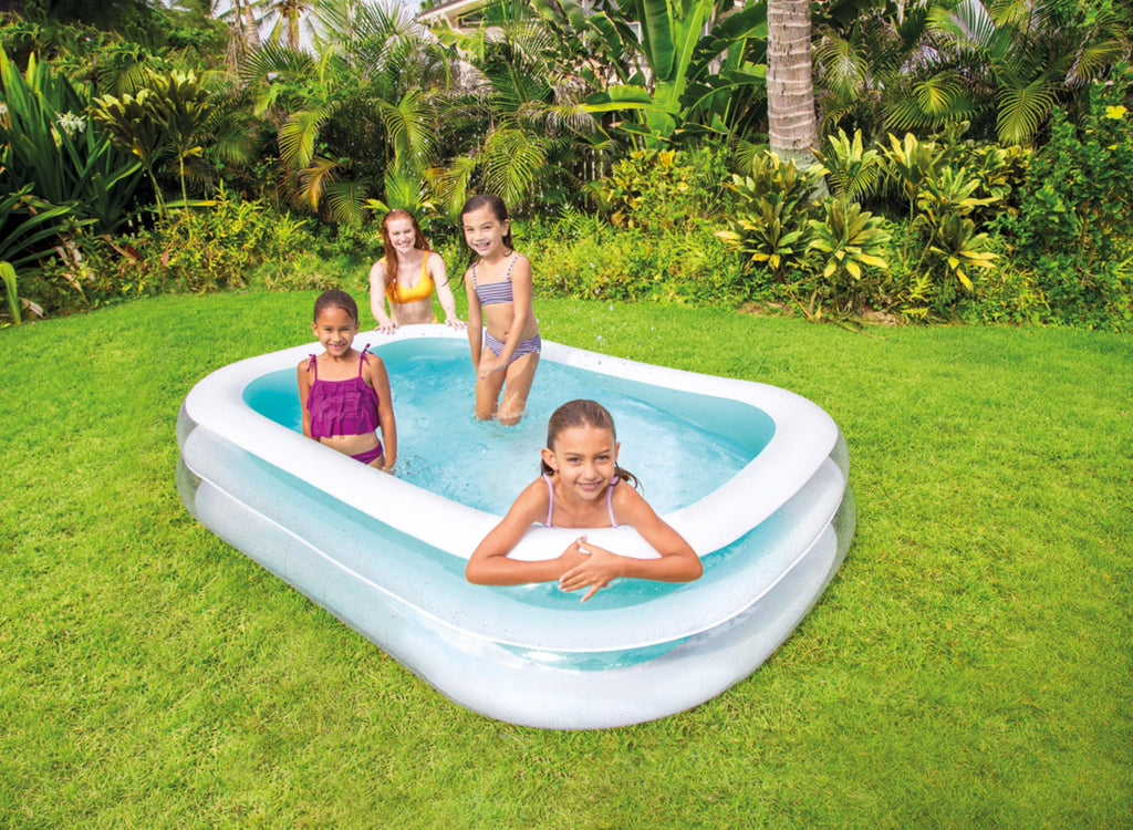 Intex 56483EP Inflatable 8.5' x 5.75' Swim Center Family Pool for 2-3 Kids, Backyard Splash Pool for Children 6+ Years Old, 198-Gallons, Blue & White