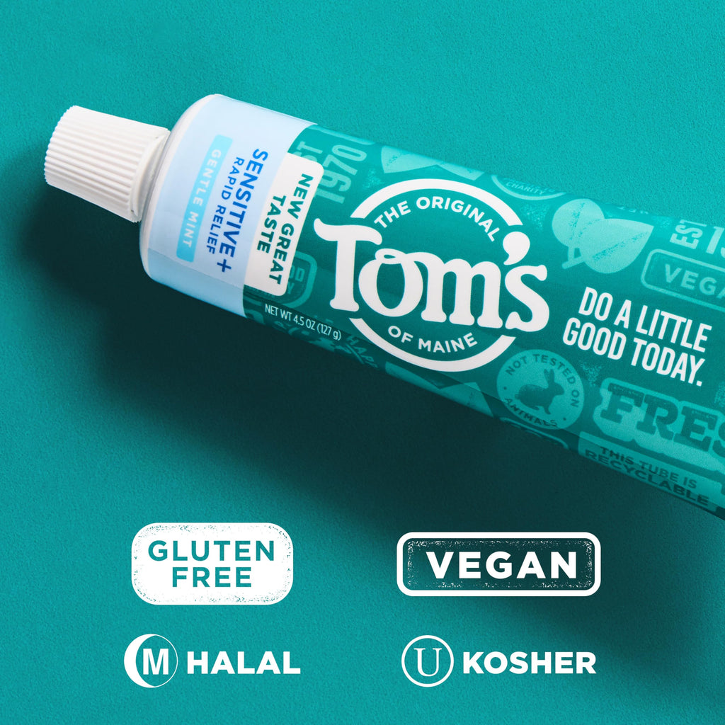 Tom's of Maine Rapid Relief Plus Sensitive Teeth Toothpaste, Fluoride Free, Gentle Mint, 4.5 Oz, 3 Pack, Clinically Proven Enamel Safe, Builds Arginine and Calcium Shield Around Teeth