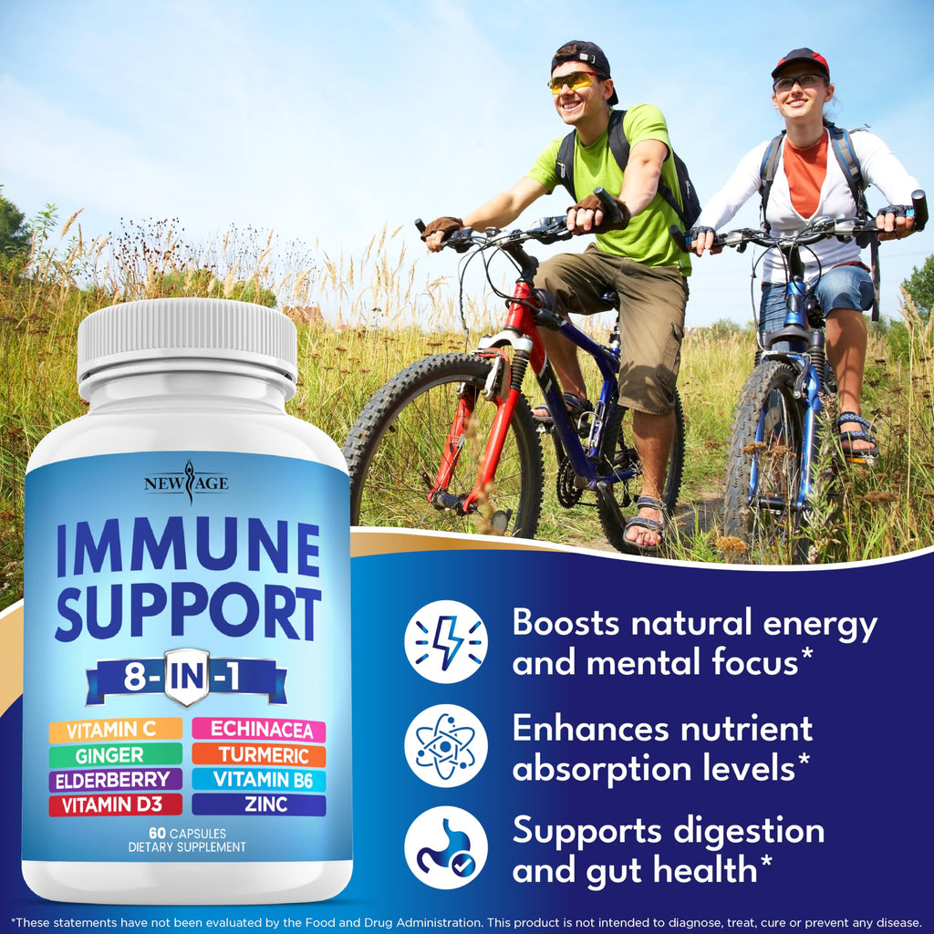 NEW AGE 8 in 1 Immune Support Booster Supplement with Echinacea, Vitamin C and Zinc 50mg, Vitamin D 5000 IU, Turmeric Curcumin & Ginger, B6, Elderberry 120 Count (Pack of 2)