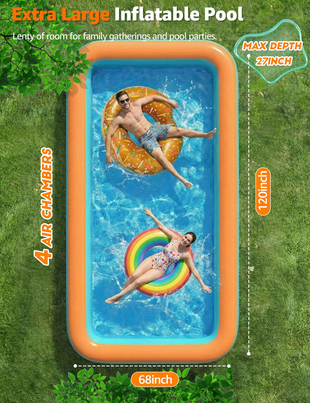 120" Inflatable Pool for Kids & Family, 4-Layer Thickened Blow Up Pool (Stronger Than 3-Layer), 0.32mm Heavy Duty PVC, Durable Swimming Pool for Adults, Kids & Pets Backyard Summer Orange