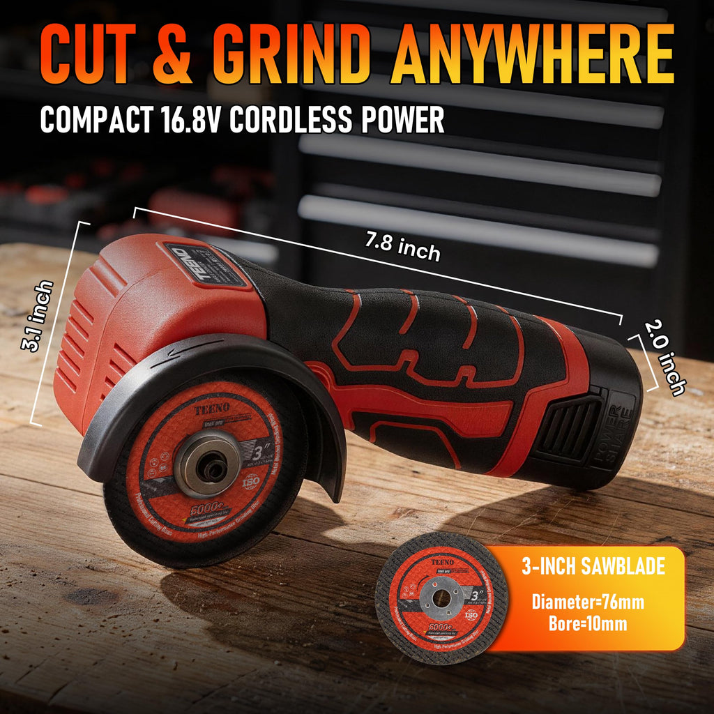 TEENO Cordless Angle Grinder Kit, 19,500 RPM Mini Electric Angle Grinding Tool with 2 pcs 16.8V 2000mAh Batteries and 6 Cutting Discs, 3-Inch Handheld Grinder for Metal/Wood Cutting and Grinding