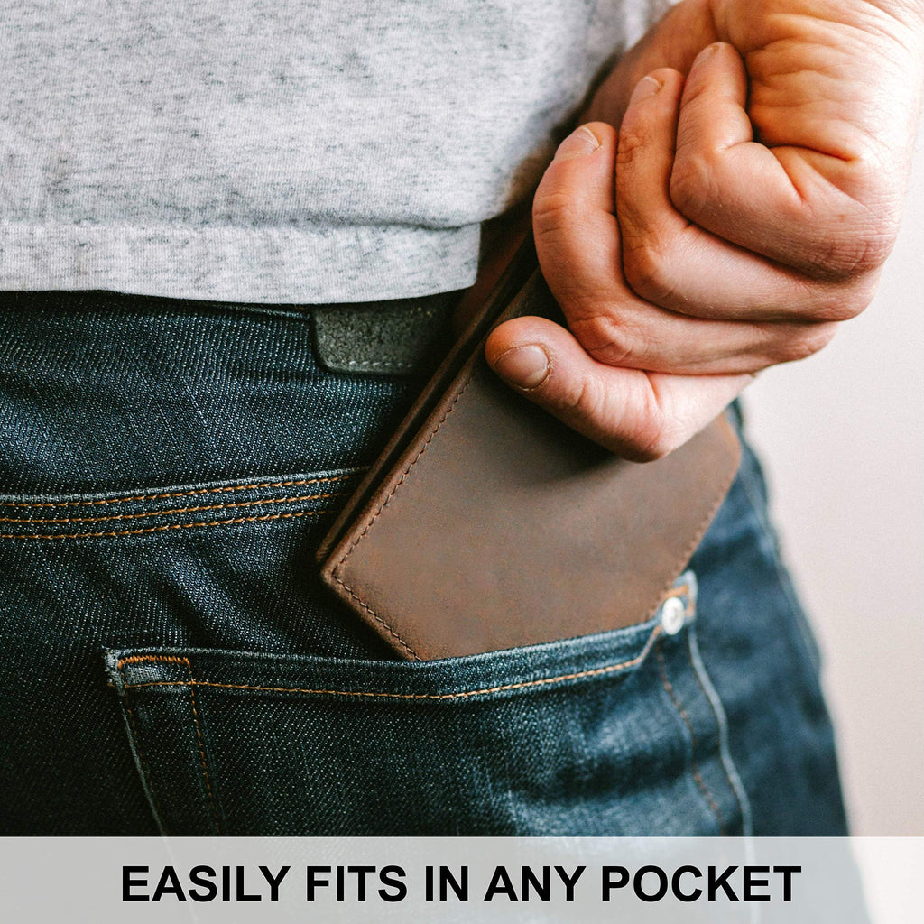 Top Grain Leather Wallet for Men | RFID Blocking | Extra Capacity Bifold Wallet with 2 ID Windows | Ultra Strong Stitching | Slim Billfold with 8 Card Slots | Gift for Him