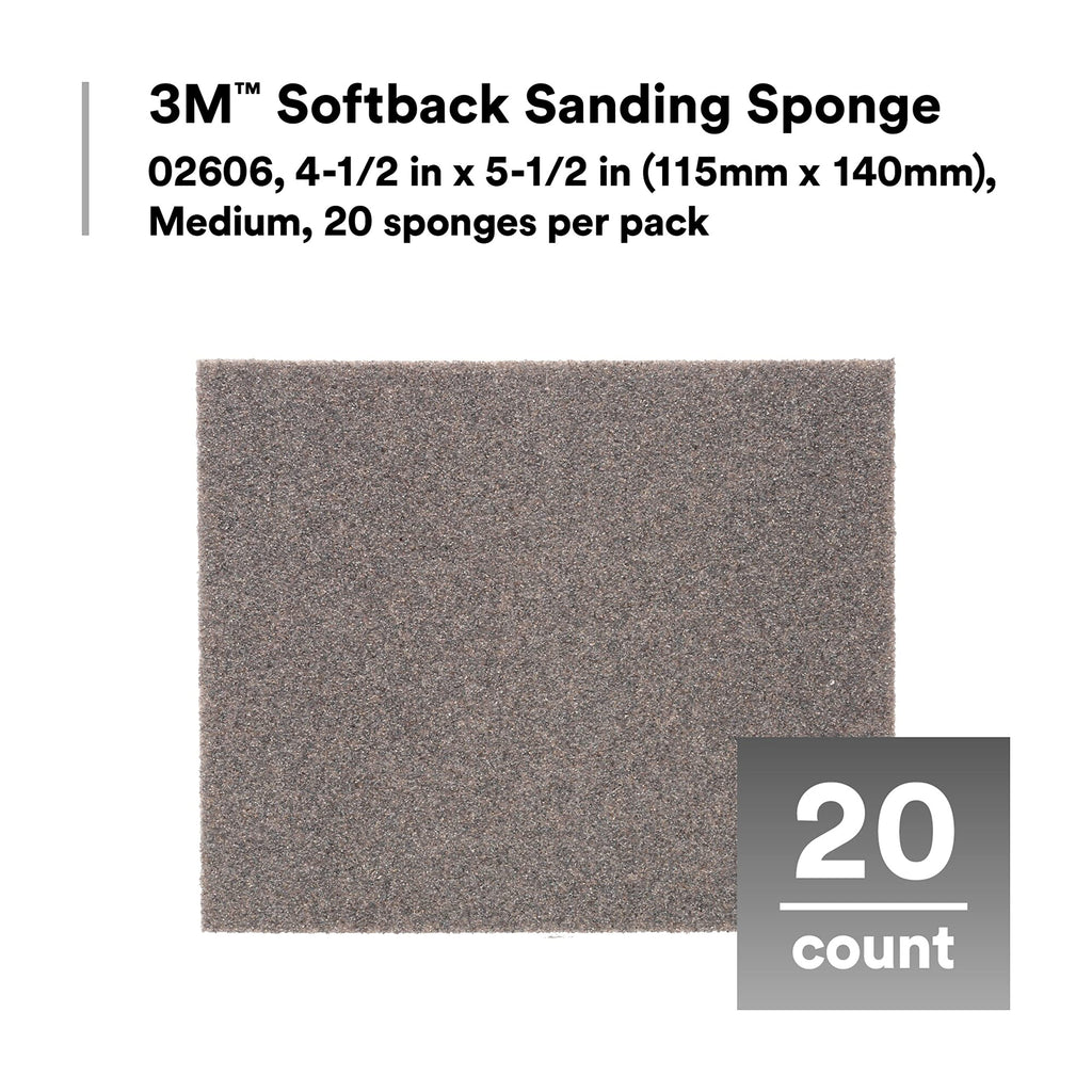 3M Softback Sanding Sponge 02606, 4 1/2 x 5 1/2 in, 20 Pack, Medium Grit, Fast Cutting
