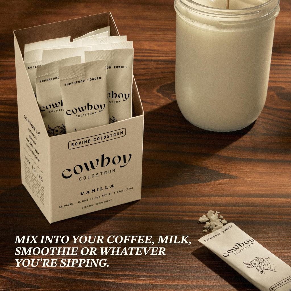 Cowboy - The Exclusive 1st Milking, Whole, Grass Fed Colostrum Supplement for Full Body Health - Bovine Colostrum Powder Packed w/Bioactive Nutrients (10 Travel Packs - Vanilla)