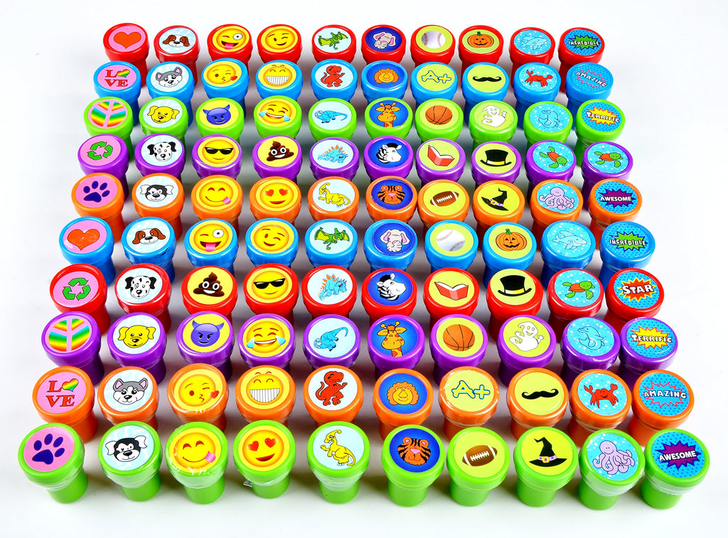 JOYIN 100PCS Assorted Stamps for Kids Self-Ink for Party Favor, Teacher Stamps, Kids Treasure Box, Prize for Classroom, Birthday School Stuffers (50 Designs, Dinosaur, Halloween Stampers)