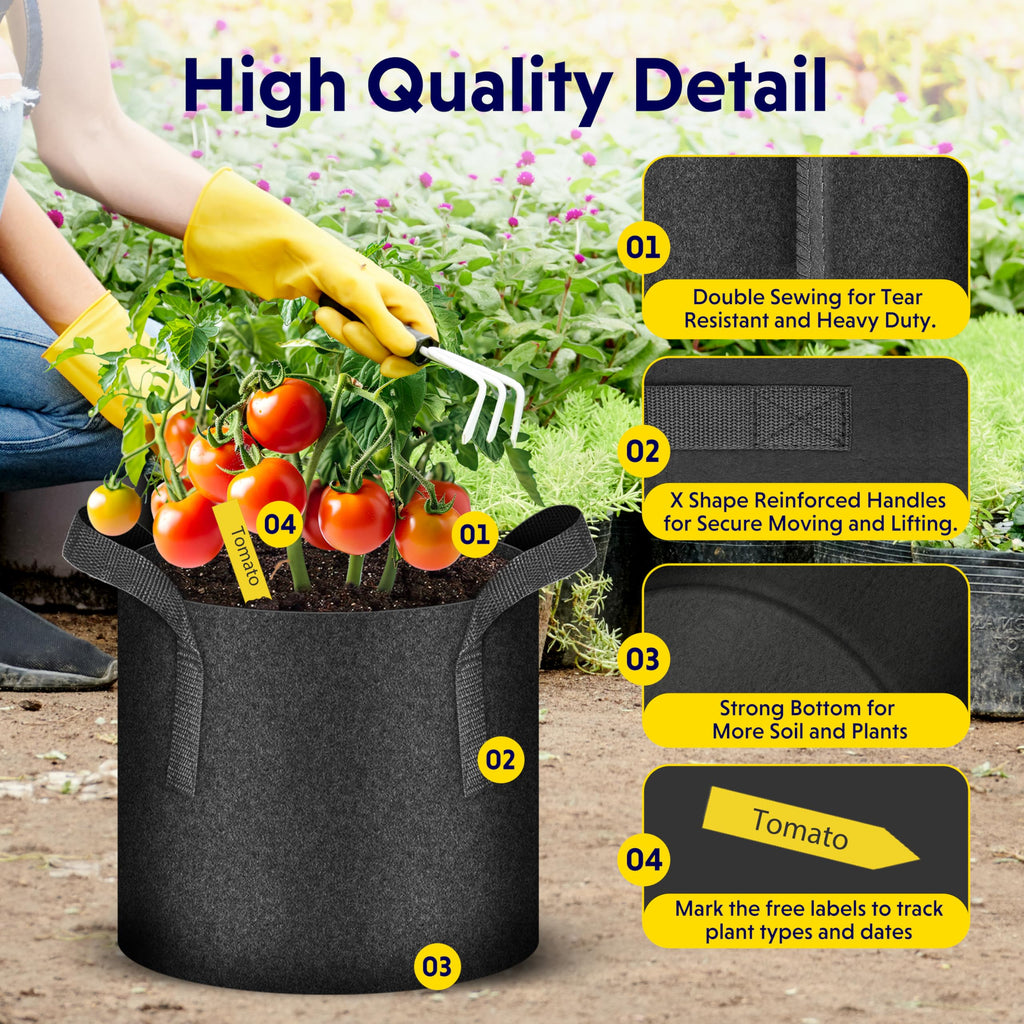 iPower 5-Pack 10 Gallon Plant Grow Bags Thickened Nonwoven Aeration Fabric Pots Heavy Duty Durable Container, Strap Handles for Garden, Black New
