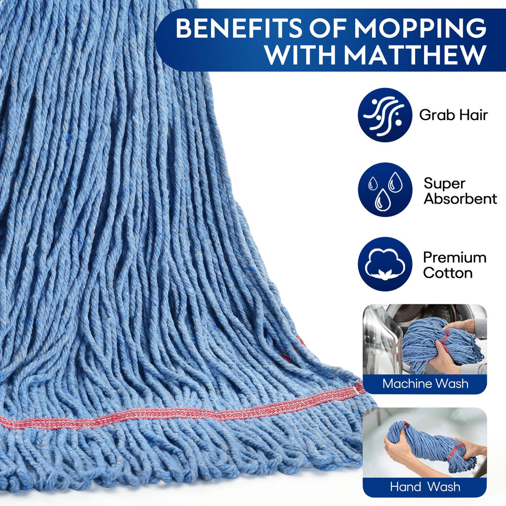 Matthew Cleaning 24oz Heavy Duty Mop Head Commercial Replacement for General and Floor Cleaning, Wet Industrial Blue Cotton Looped End String Head Refill (Pack of 6) Blue