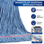 Matthew Cleaning 24oz Heavy Duty Mop Head Commercial Replacement for General and Floor Cleaning, Wet Industrial Blue Cotton Looped End String Head Refill (Pack of 6) Blue