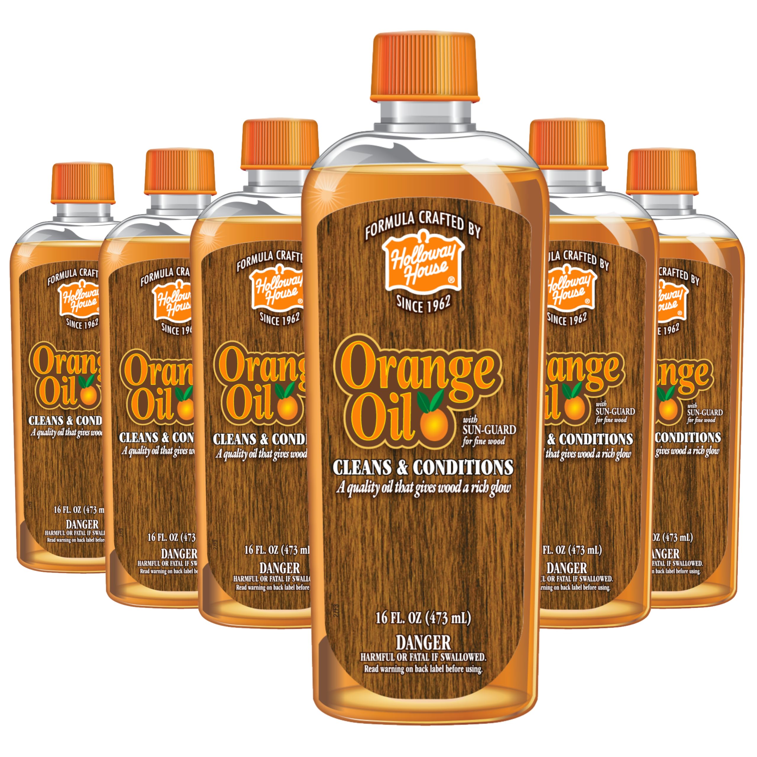 Holloway House Orange Oil Cleaner 16oz, 6Pk w/Sun-Guard for Fine Wood | Cleans & Conditions | Removes Soap Scum from Shower Doors, Stainless, Tile & Sinks | Natural Oil That Gives Wood a Rich Glow