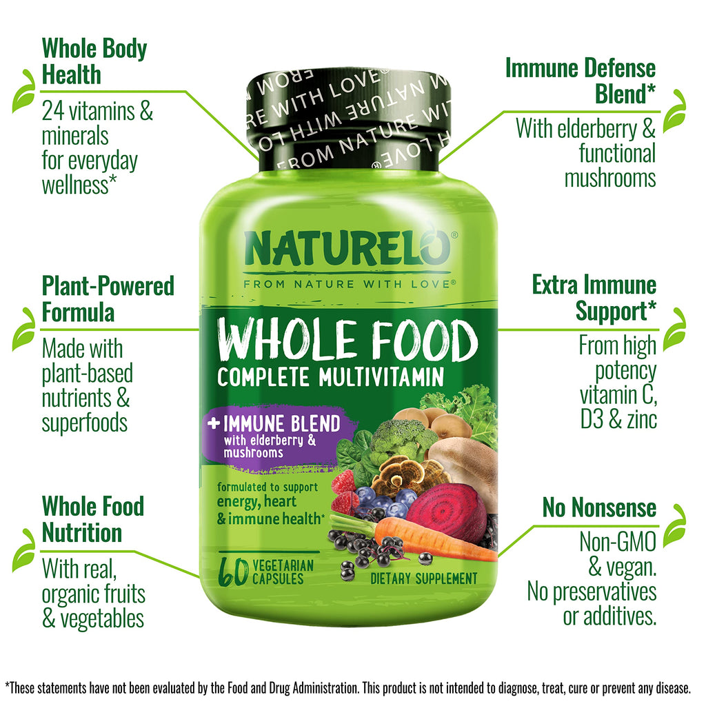 NATURELO Whole Food Multivitamin + Immune Blend with Elderberry & Mushrooms - Complete Multivitamin with Extra Immune Support - C, D3, Zinc, Elderberry, Reishi, Shitake, 60 Vegan Capsules (Pack of 2)
