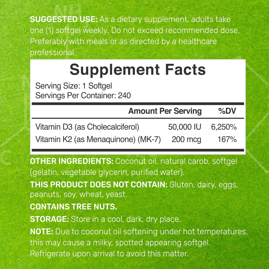 DEAL SUPPLEMENT Vitamin D3 50,000 IU + K2 MK7 200mcg Softgels, 240 Count | 2-in-1 Complex with Virgin Coconut Oil | Supports Heart, Bone, Teeth & Immune Health | Easy to Swallow