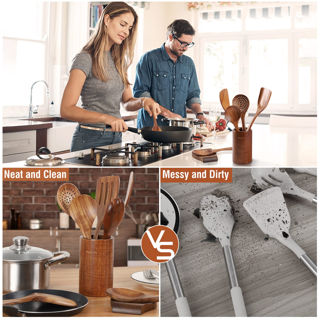 Mooues Wooden Kitchen Utensil Set, 9 Piece Natural Teak with Spoon Rest