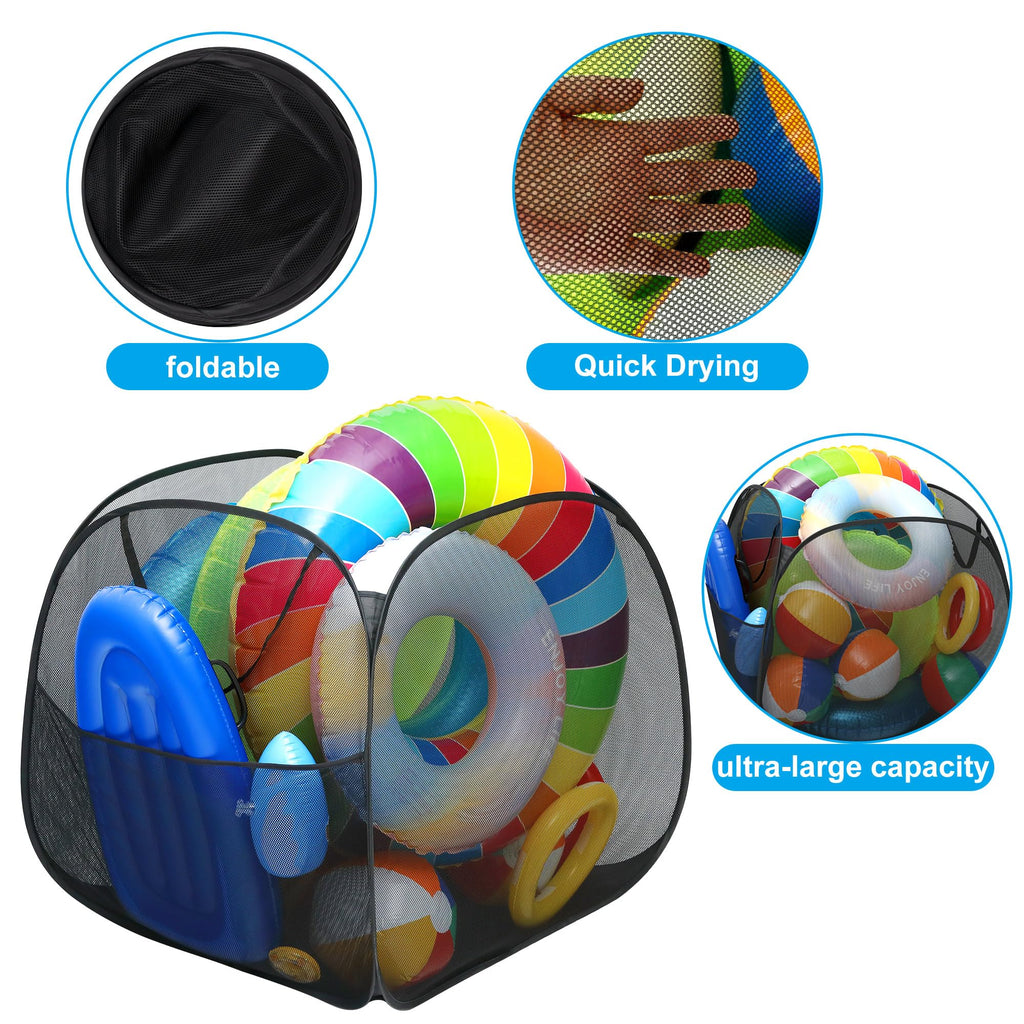 Adnee Pool Toy Storage Bin-30'' x 30'' x 30'' Nylon Mesh Pool Organizer with Side Pocket-105 Gallon Quick Drying Pool Storage for Float, Beach Balls,Towel and Other Swimming Accessories