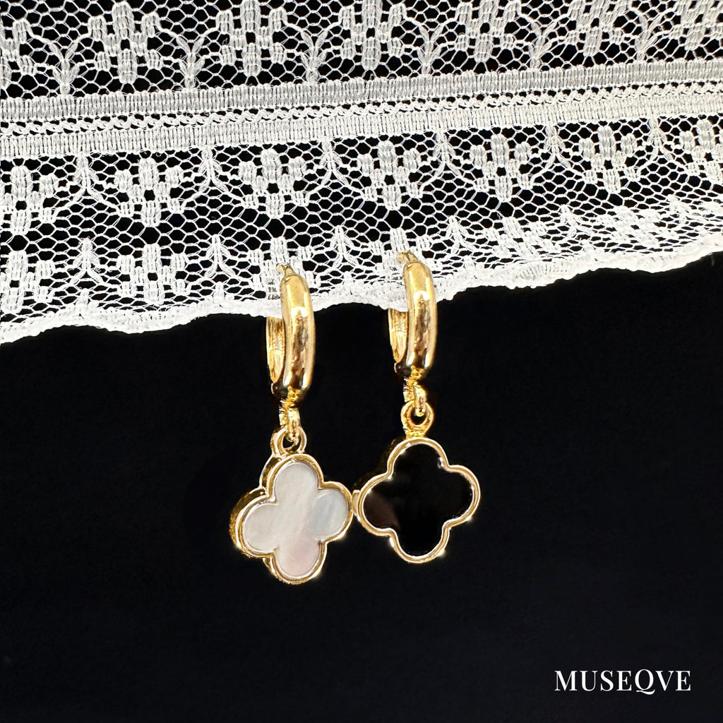 MUSEQVE White Four Leaf Clover Earrings for Women 14K Gold Plated Mother of Pearl Lucky Clover Charm Drop Dangle Huggie Hoop Jewelry Gifts [CVRE-WH-G]