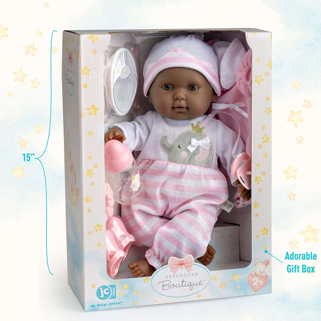 JC Toys 15" Realistic Soft Body African American Baby Doll with Open/Close Eyes Berenguer Boutique | 10 Piece Gift Set with Bottle, Rattle, Pacifier & Accessories | Pink | Ages 2+