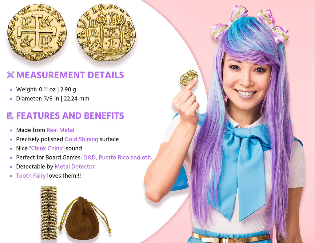 Leib Games Metal Pirate Coins - 100 Gold Treasure Coin Set, Metal Replica Spanish Doubloons for Halloween Pirate Party Decorations & Favors, Tokens, Toys, Cosplay - Pirate Treasure Chest, Size 7/8"