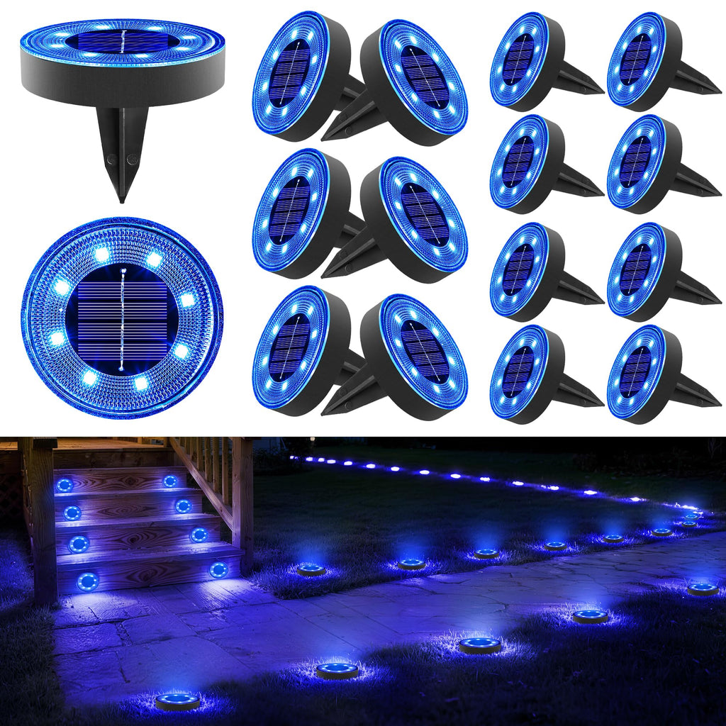 Joomer 16 Pack Solar Ground Lights, 2-in-1 Solar Lights Outdoor Waterproof Solar Powered Disc Light Landscape Garden Lighting Light for Patio Pathway Lawn Yard Driveway Walkway Deck Step (Blue)