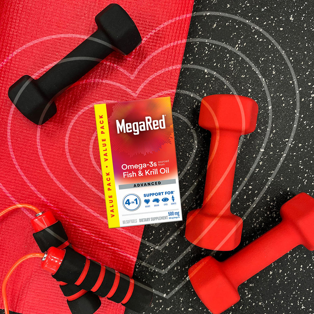 Megared Omega-3 Fish Oil + High Absorption Krill Oil 500mg Softgels, MegaRed Advanced 4in1 (80 count in a bottle) Concentrated Omega-3 Fish & Krill Oil Supplement